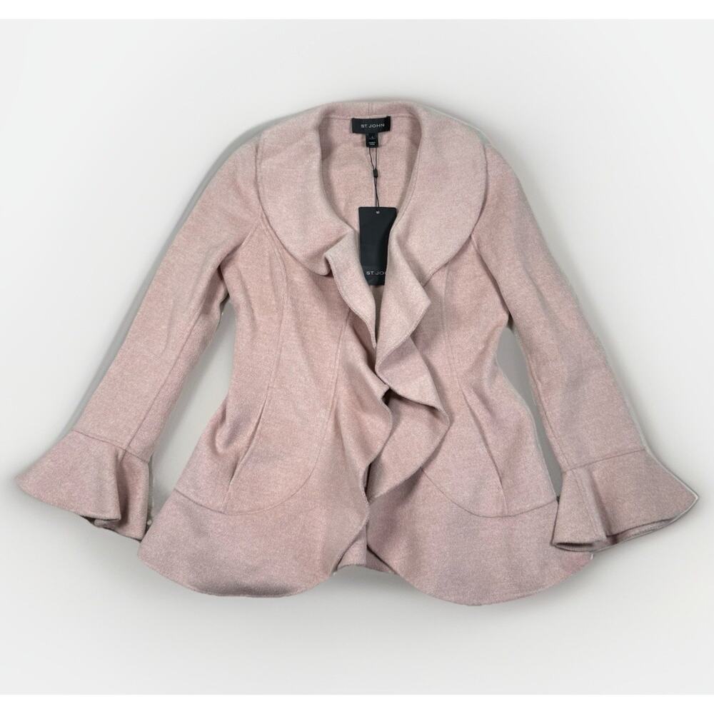 NWT ST. JOHN Angora Wool Cashmere Size 2 Pink Ruffle Jacket Light Coat Luxury